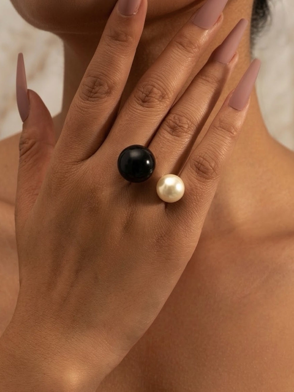 Minimal Open Ring with Faux Black and Cream Pearl
